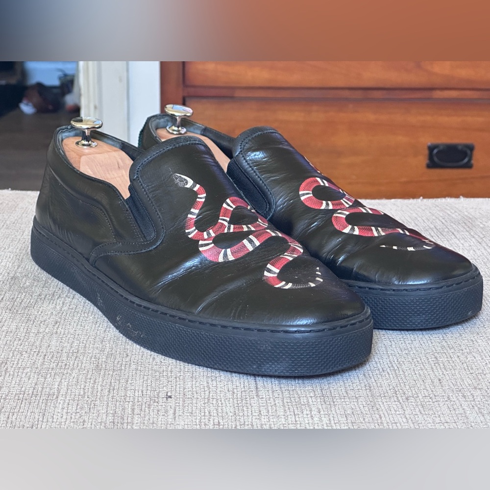Gucci Snake Design Black Leather Men’s Slip-On Sneakers Size 12 G - Picture 2 of 13